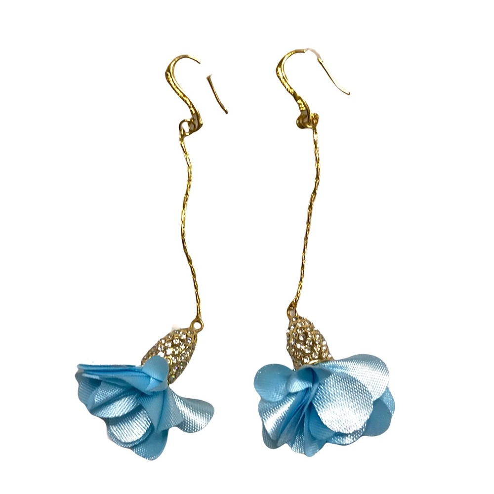 INC Fabric Flower Blue  Long Drop Earrings